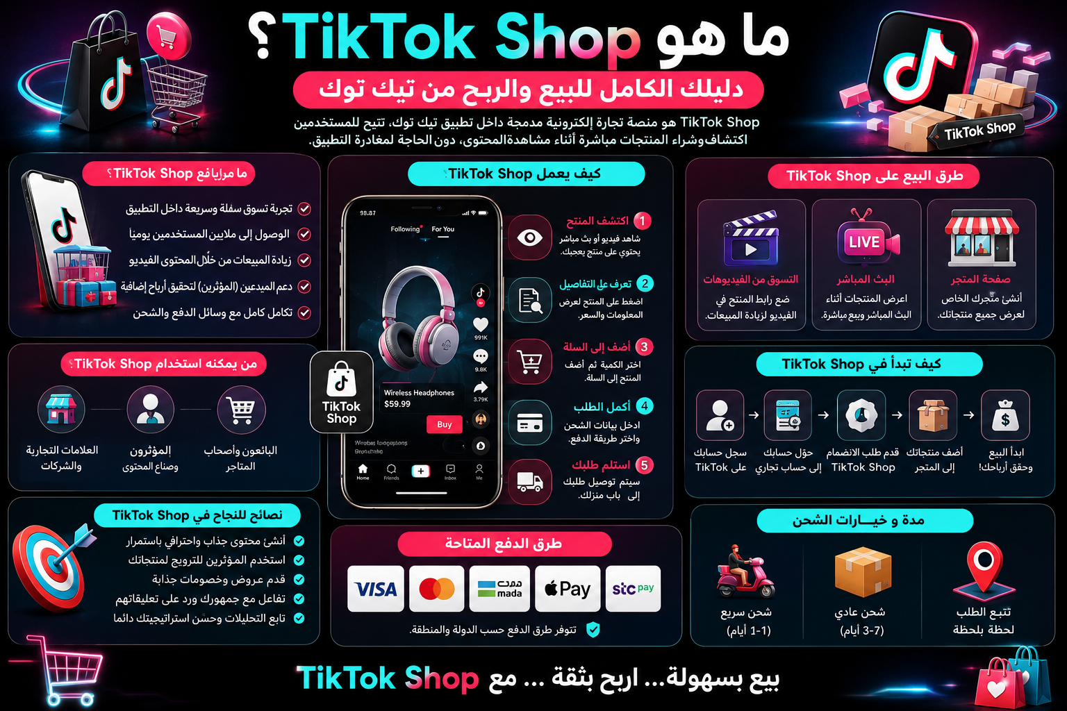 دليل تيك توك شوب يوضح كيفية إنشاء متجر على TikTok Shop وإضافة المنتجات وإدارة الطلبات وتحقيق الأرباح من خلال البيع المباشر والتسويق بالعمولة.