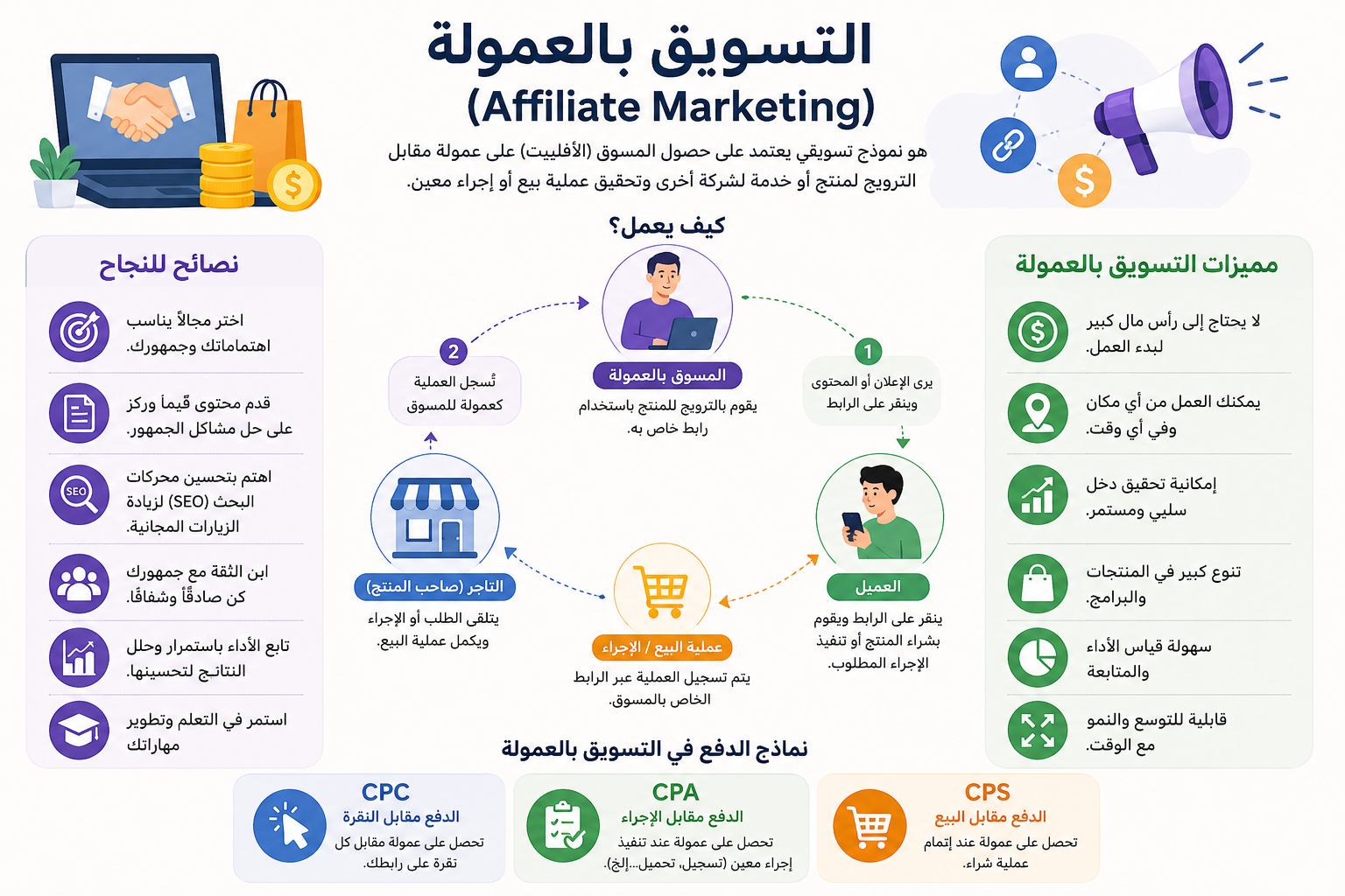 رسم يوضح التسويق بالعمولة (Affiliate Marketing).