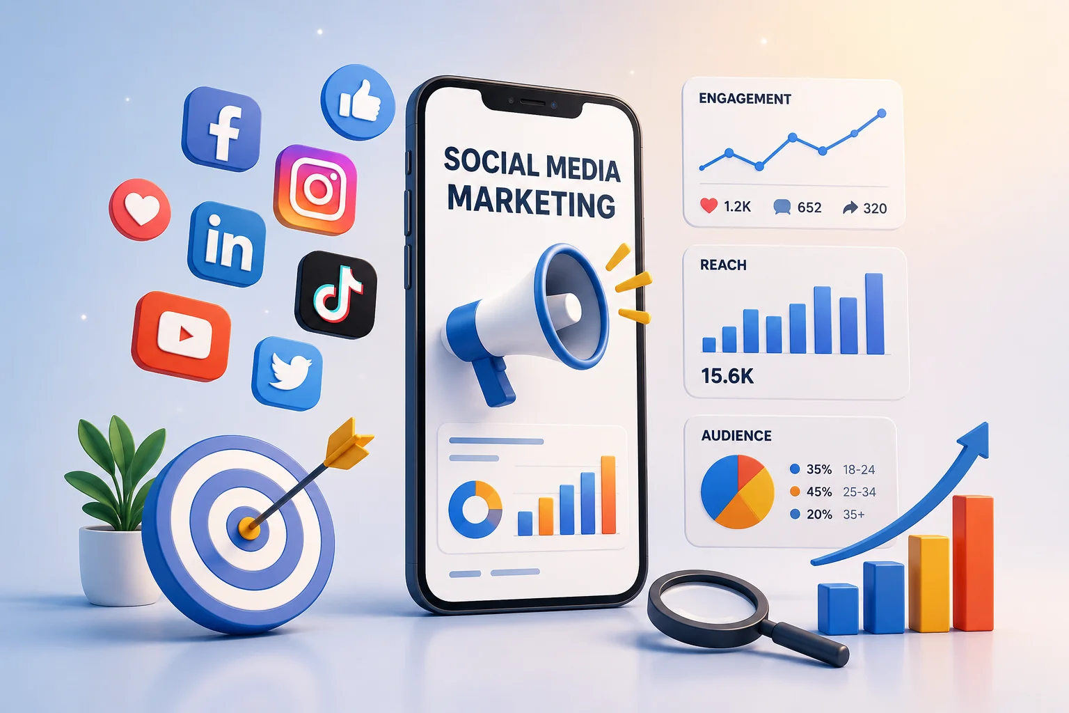 صورة توضيحية للتسويق عبر وسائل التواصل الاجتماعي، تتضمن هاتفًا ذكيا وأيقونات منصات التواصل الاجتماعي ومكبر صوت ومخططا للنمو.