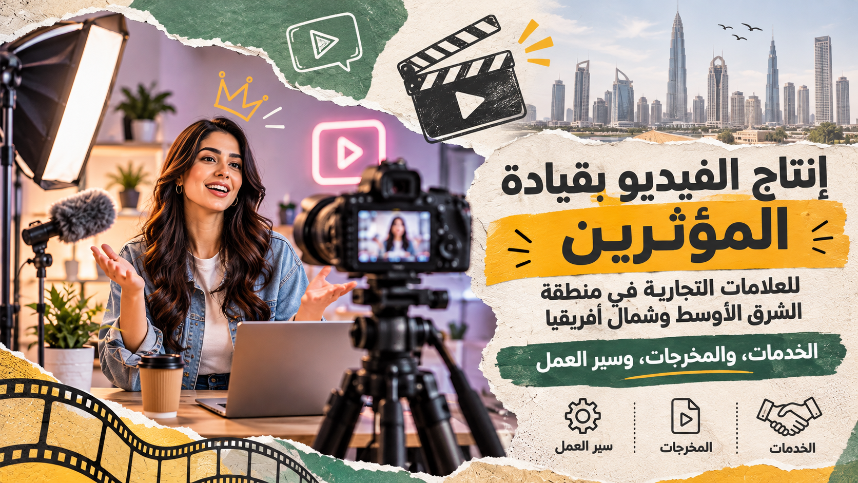 إنتاج الفيديو بقيادة المؤثرين للعلامات التجارية في الشرق الأوسط وشمال أفريقيا، مع توضيح الخدمات والمخرجات وخطوات العمل.